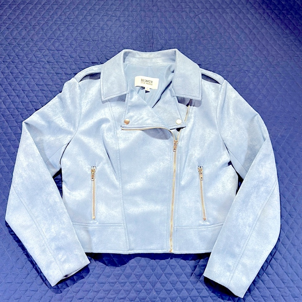 BB Dakota Steve Madden Faux Suede Biker Jacket. NWOT. LG. Baby Blue Fully Lined